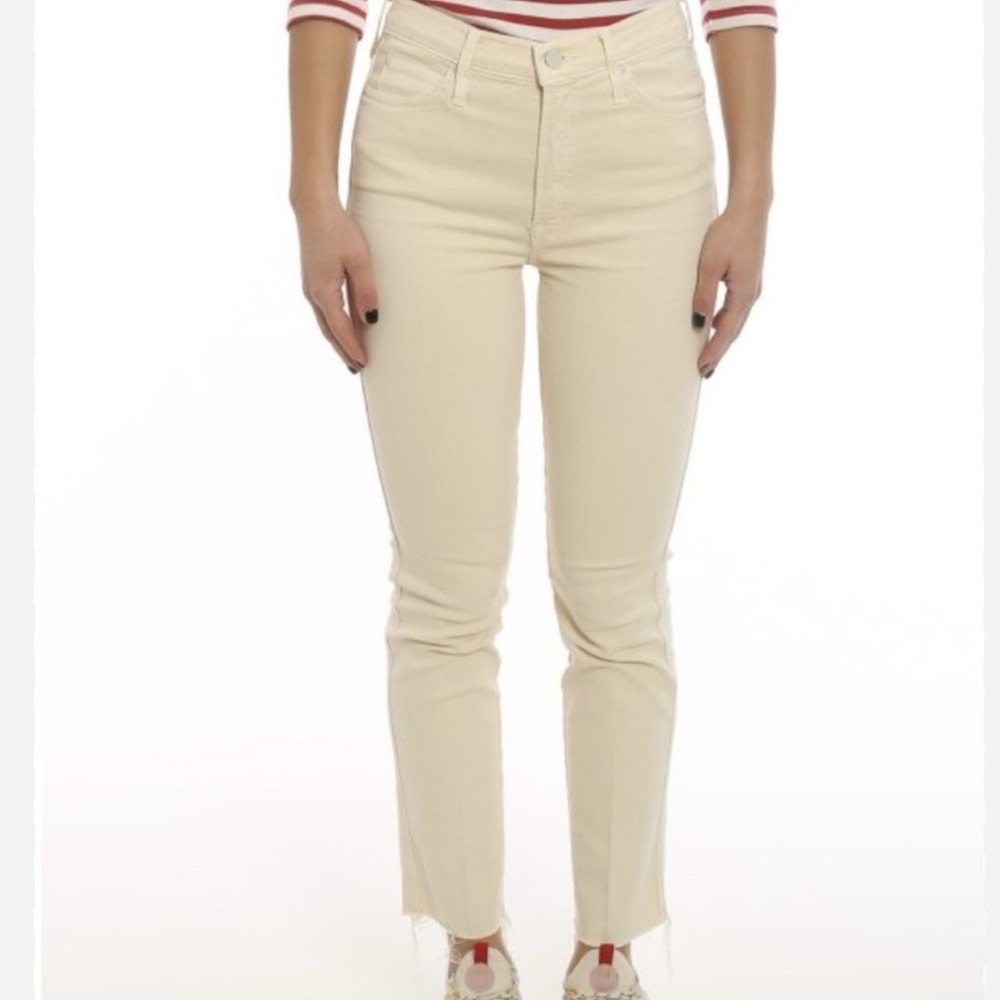 MOTHER High Waisted Rascal Ankle Fray Jean in Chalk it Up Ivory